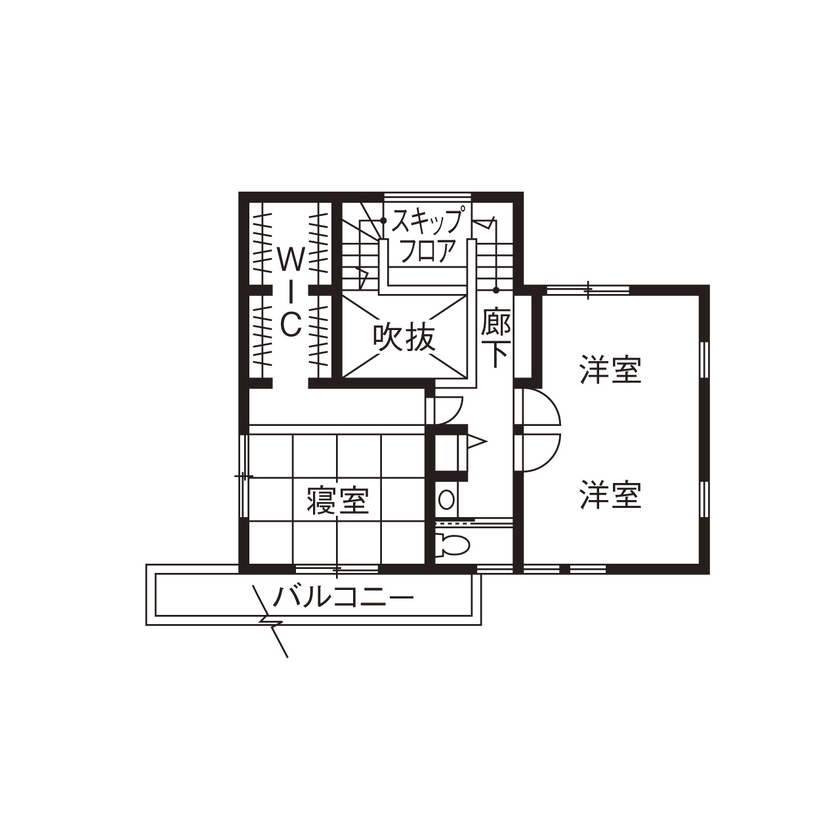 アイ工務店 【福井県/回遊動線/間取り図有】吹抜とスキップフロアの開放感。屋外～土間収納～水回りへつながる家の間取り図（4LDK）２階