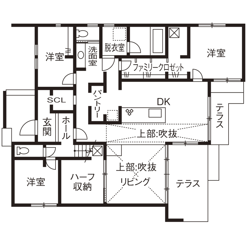アイ工務店 【静岡県/半平屋/2000万円台】ダウンリビングと吹抜で開放感を追求した平屋風1.5階建ての間取り図（3LDK）1階