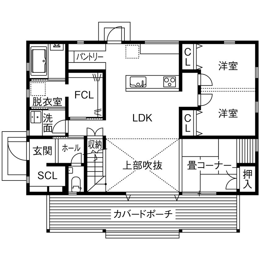 水田建設（水田建築一級建築士事務所） 【おしゃれな家｜2000万円台｜30坪台｜間取り図有】吹抜けリビングも実現！緑に囲まれたカリフォルニア住宅の間取り図（4LDK+FCL+2WIC）1階