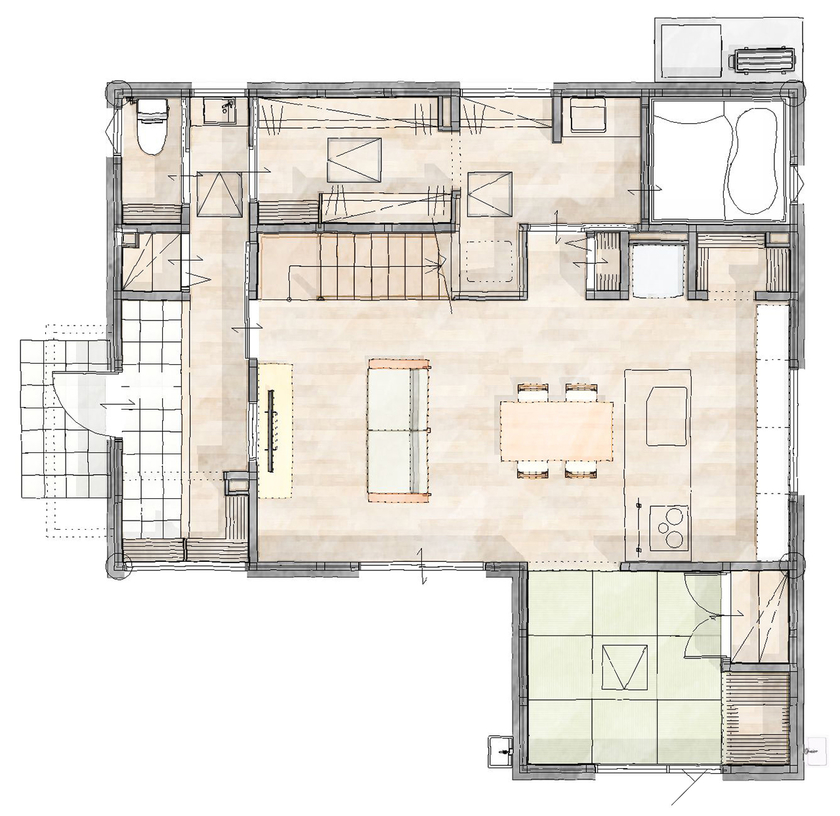 スローライフ住宅設計 【2100万円台／UA値0.29／C値0.2／耐震等級3】開放感のあるくつろぎリビングと、こだわりのカフェキッチンの間取り図（4LDK+S）1階