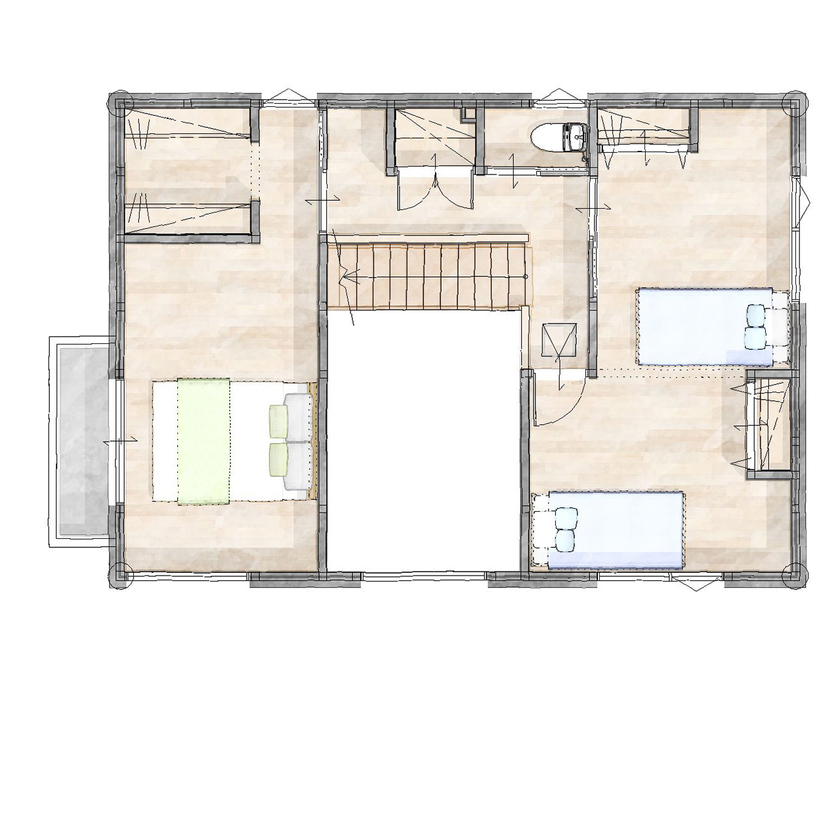 スローライフ住宅設計 【2100万円台／UA値0.29／C値0.2／耐震等級3】開放感のあるくつろぎリビングと、こだわりのカフェキッチンの間取り図（4LDK+S）2階