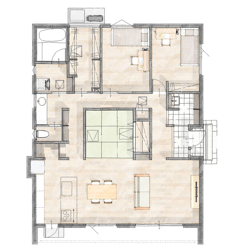 スローライフ住宅設計 【1900万円台／UA値0.27／C値0.1／耐震等級3】居心地の良さを追求したこだわりとセンスが光る平屋の間取り図（3LDK）1階