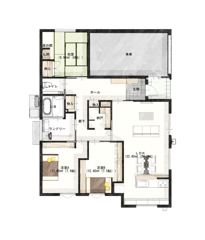 スローライフ住宅設計 【2300万円台／UA値0.25／C値0.1／耐震等級3】終の棲家 平屋＋ガレージ付で床下エアコンの快適な高性能住宅の間取り図（3LDK+ガレージ）1階