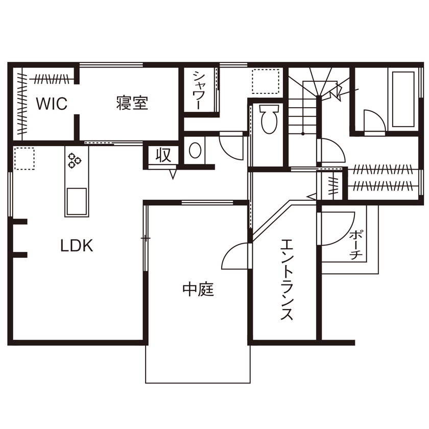 埼玉の平屋　アップルホーム 人目を遮るプライベート空間で春は花見、夏はＢＢＱに花火。雨の日も愛おしい「お花見バルコニー」のある家の間取り図（1LDK＋2LDK）１階