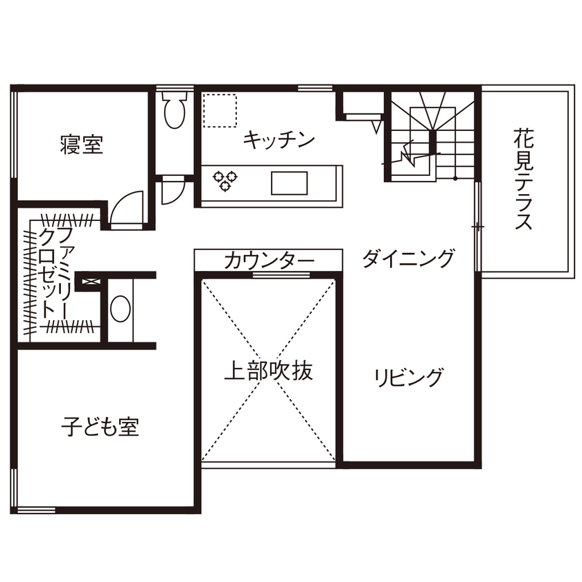 埼玉の平屋　アップルホーム 人目を遮るプライベート空間で春は花見、夏はＢＢＱに花火。雨の日も愛おしい「お花見バルコニー」のある家の間取り図（1LDK＋2LDK）２階