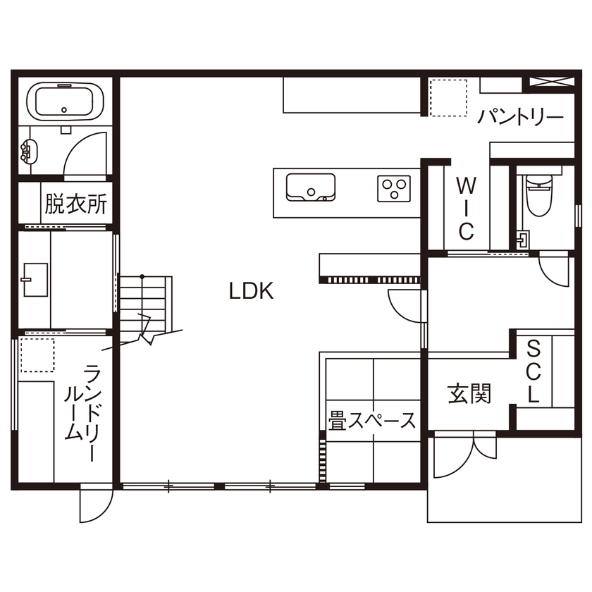 あおぞらホーム 【天理市/3000万円台/間取り図あり】吹き抜けを見上げると「あおぞら」が見える、陽だまりリビングのある家の間取り図（４LDK＋書斎）1階