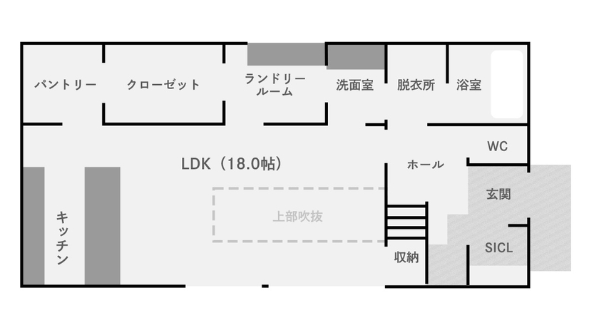 あおぞらホーム 【天理市/1000万円台/間取り図あり】デザインも家事動線も、ミニマルでハイセンスにまとめた家の間取り図（2LDK）1階
