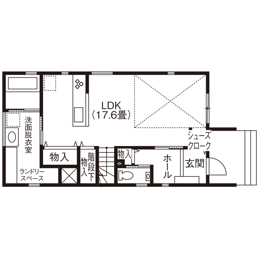 デワホーム 【山形市/2000万円台/2LDK/間取り図有/コンパクト】全館空調システムで四季を通じて快適。猫と暮らす家 の間取り図（2LDK）1階