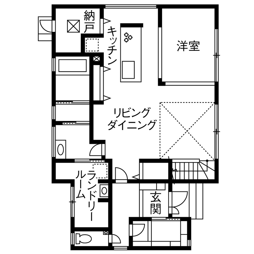 ヤマダホームズ 吹き抜けがひときわの開放感を生む大空間のLDKで、大らかに子育てを楽しむ住まいの間取り図（5K以上）1階