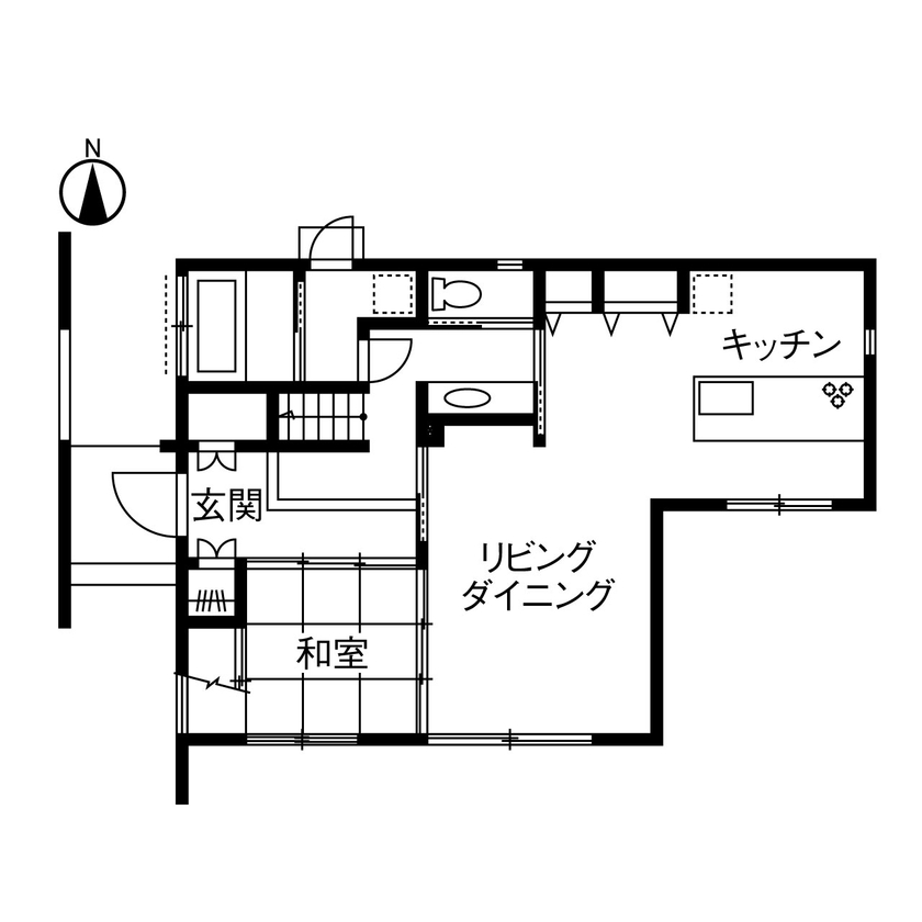 ヤマダホームズ 外部の視線を遮り、土間からLDKまで続く内に広がる設計が開放感を高めた、和モダンの住まいの間取り図（4LDK）1階