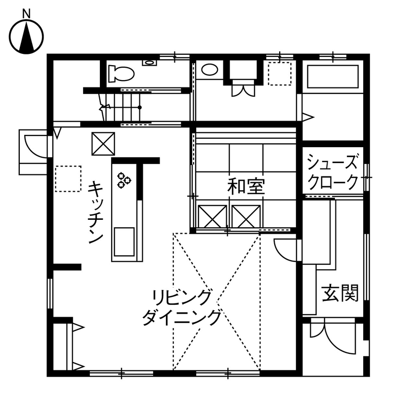 ヤマダホームズ 南面に開口と吹抜けを設けて、あふれる開放感とどこにいても家族の気配が感じられる、理想の住まいにの間取り図（4LDK）1階