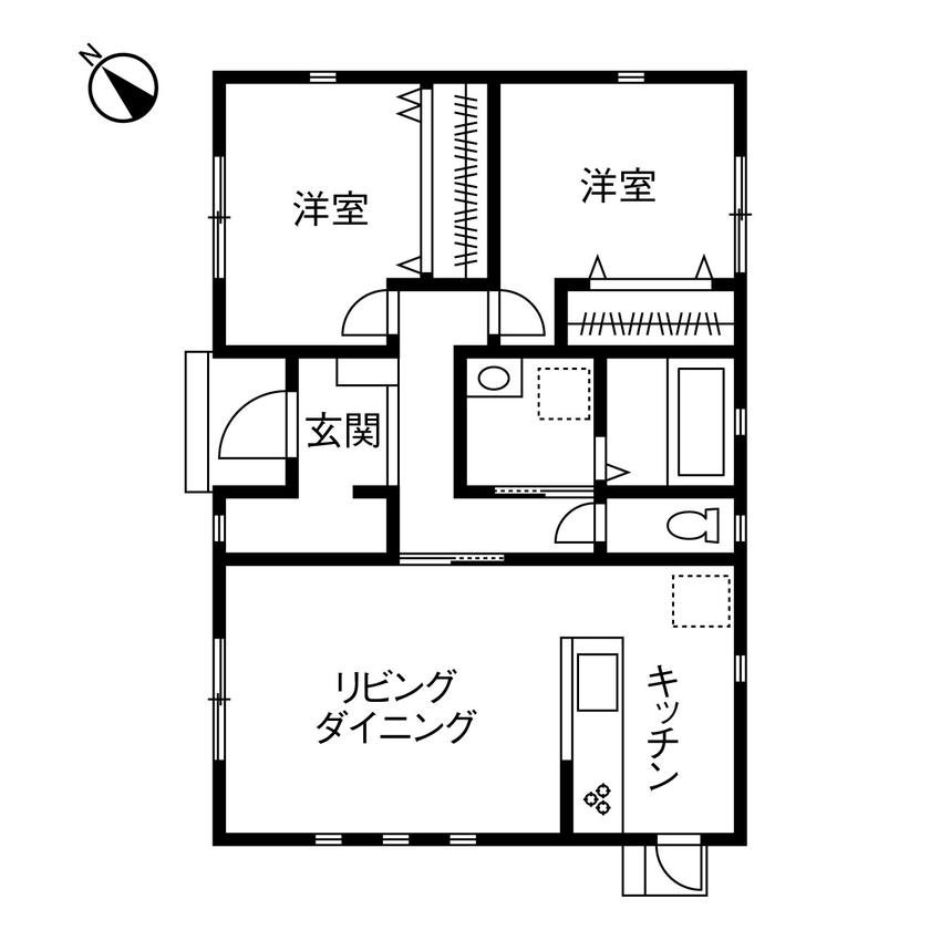ヤマダホームズ 夫婦ふたり暮らしにちょうどいい広さと間取りの、庭付き20坪平屋の住まいの間取り図（2LDK）1階