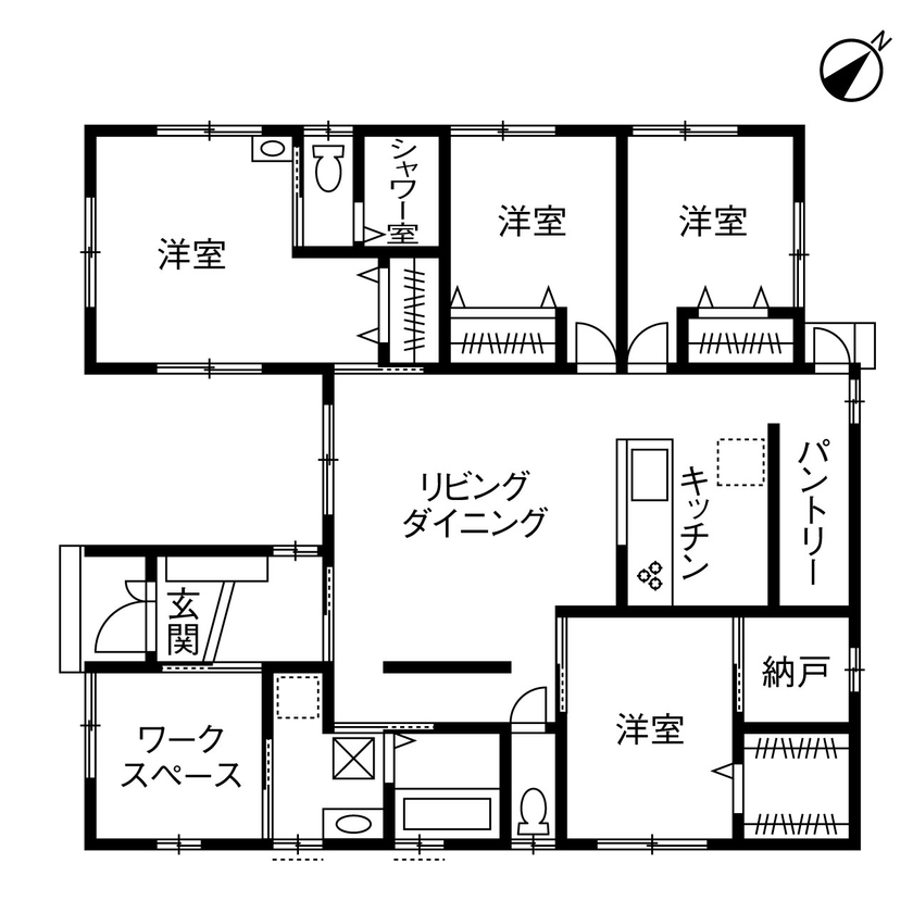 ヤマダホームズ 安心のバリアフリー設計＆将来を見据えたフレキシブルな平屋の間取り図（5K以上）1階
