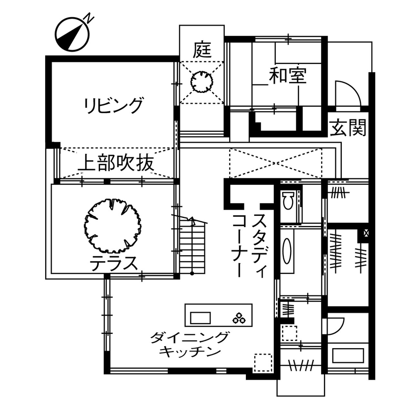 ヤマダホームズ ガラス張りのプライベートエリアに溢れる開放感！プライバシーを守られながら自然の光と家族の絆を感じる家の間取り図（5K以上）1階