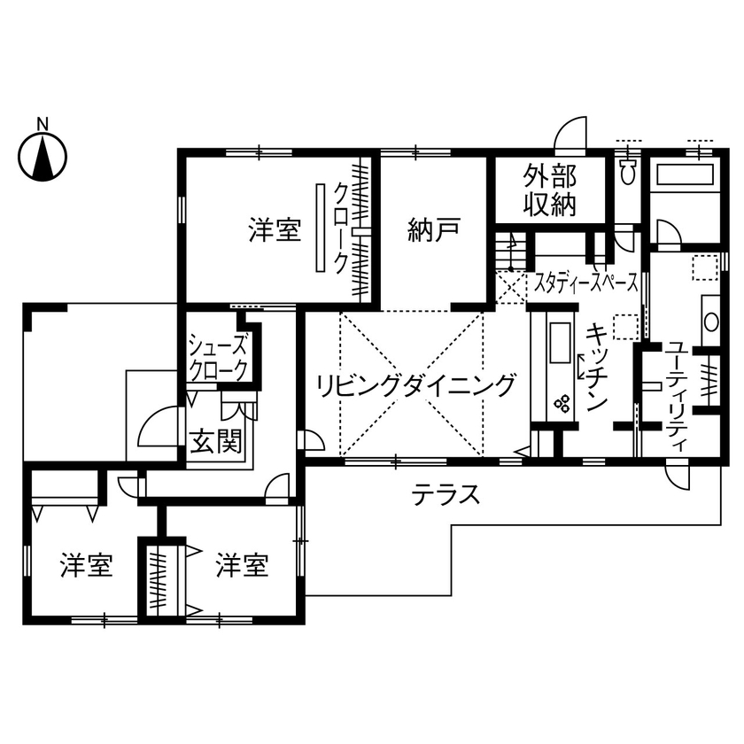 ヤマダホームズ ダイナミックな大屋根の平屋に、天井高を活かしてロフト＋αの空間をつくり、縦空間も楽しめる家にの間取り図（3LDK）1階