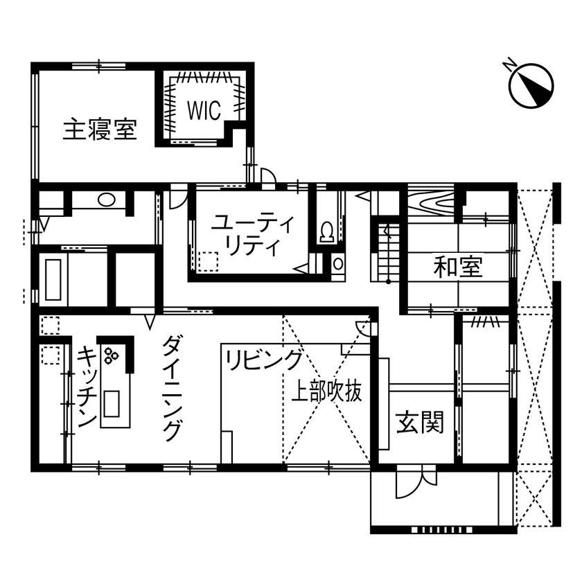ヤマダホームズ 天井高5.4mの吹抜け＋ダウンリビングが開放感たっぷりのくつろぎを生む、白くモダンな住まいの間取り図（4LDK）1階