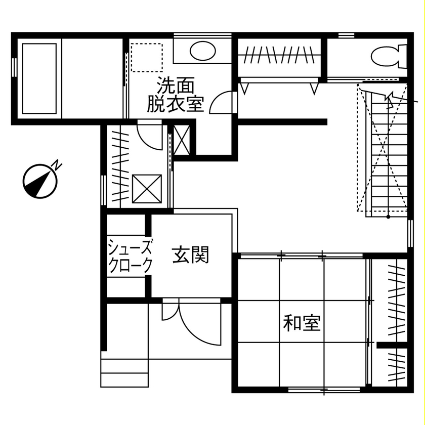 ヤマダホームズ 【2000万円台】フロアを貫く吹き抜け階段と大きな窓で開放的な3階建ての間取り図（3LDK）1階