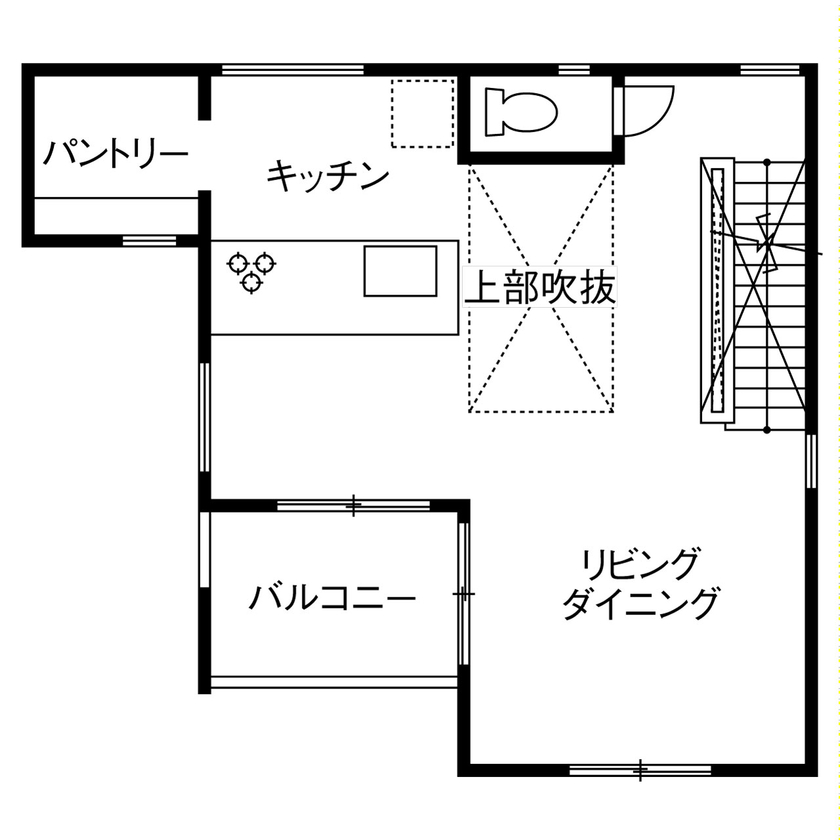 ヤマダホームズ 【2000万円台】フロアを貫く吹き抜け階段と大きな窓で開放的な3階建ての間取り図（3LDK）2階