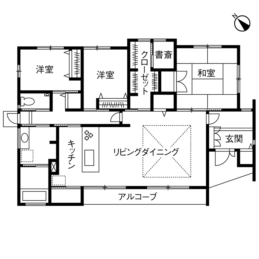 ヤマダホームズ 快適リビングに家族が集う。暮らしやすいサイズと間取りの平屋の家の間取り図（3LDK）1階