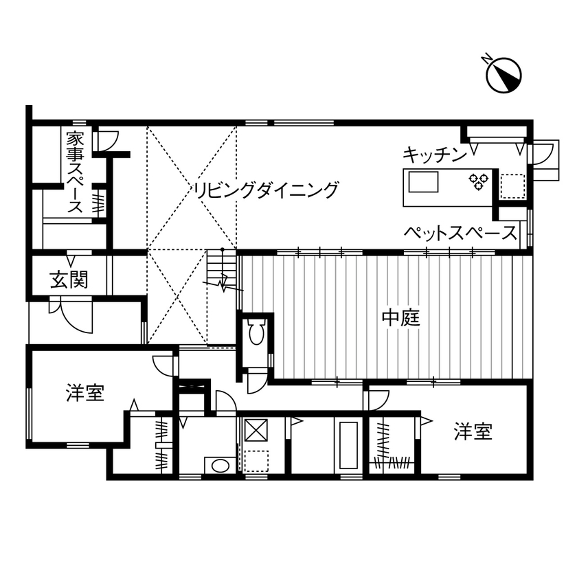 ヤマダホームズ 【3000万円台・間取り図あり】視線を気にせず人もペットものびのび。外に閉じ、内に開く家の間取り図（4LDK）1階