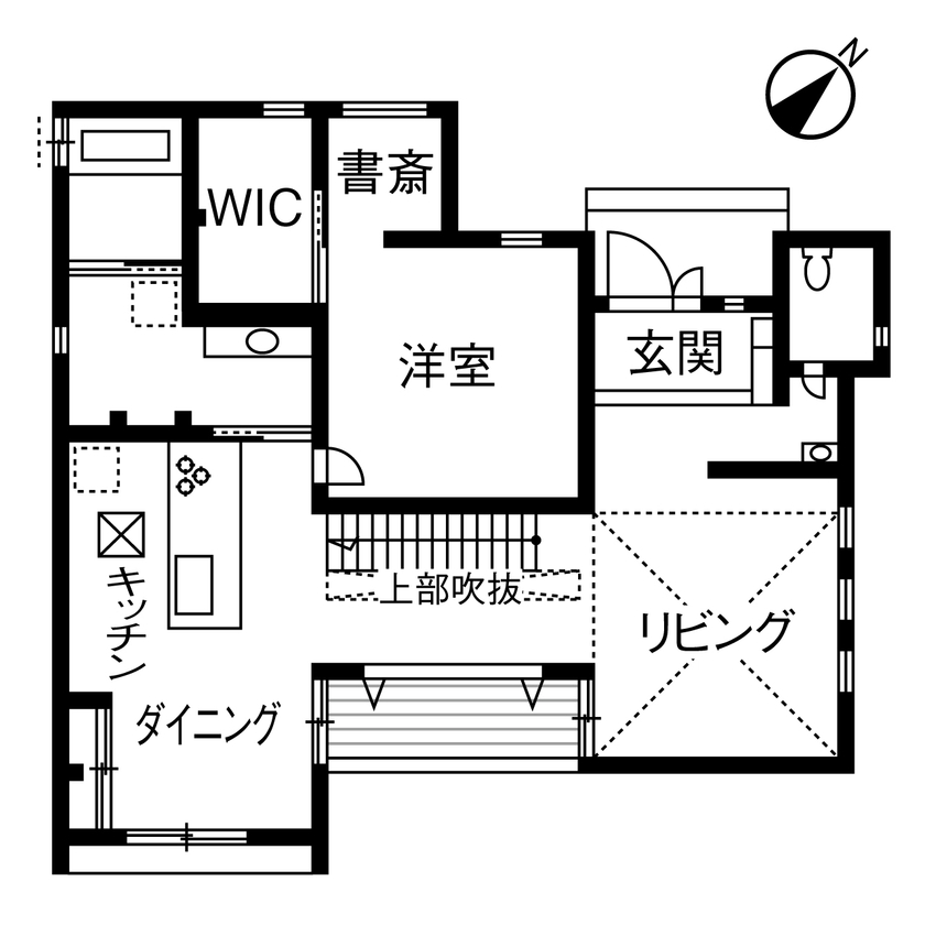 ヤマダホームズ 広々エントランスと木目の壁が迎えるリゾート風の家の間取り図（4LDK）1階