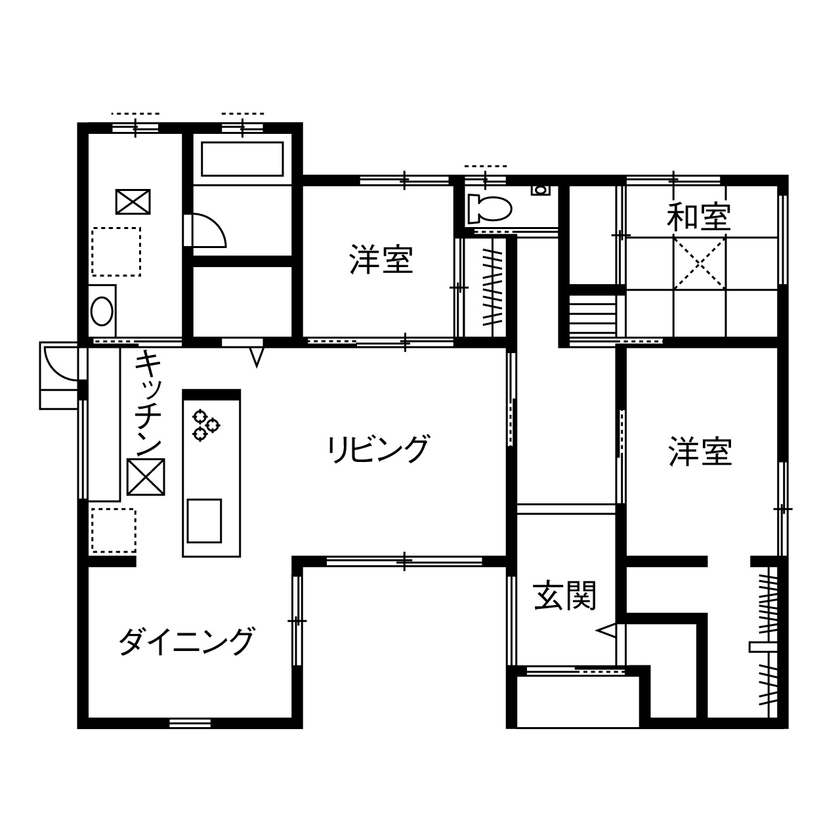 ヤマダホームズ 多趣味な2人が「したい暮らし」を実現する、アメリカンヴィンテージの平屋の住まいの間取り図（3LDK）1階