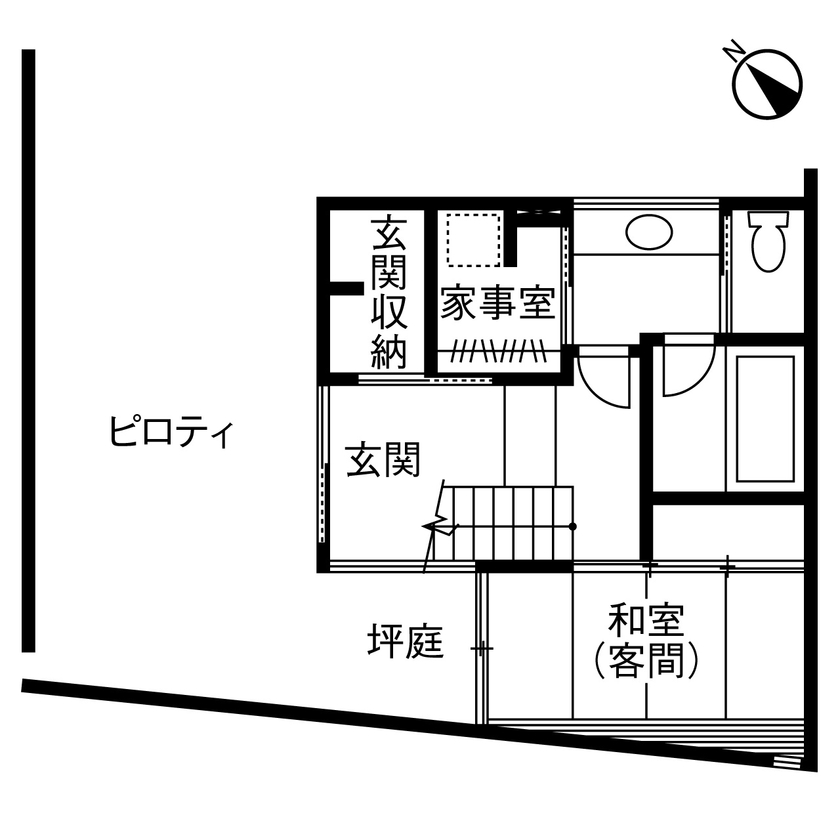 ヤマダホームズ 隣家が迫る立地でも十分な明るさを実現。モダン＆スタイリッシュな3階建ての間取り図（4LDK）1階