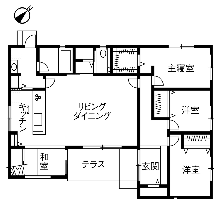 ヤマダホームズ 3種の屋根形状を組み合わせた平屋は、重厚感に若々しい躍動感も漂わせての間取り図（4LDK）1階