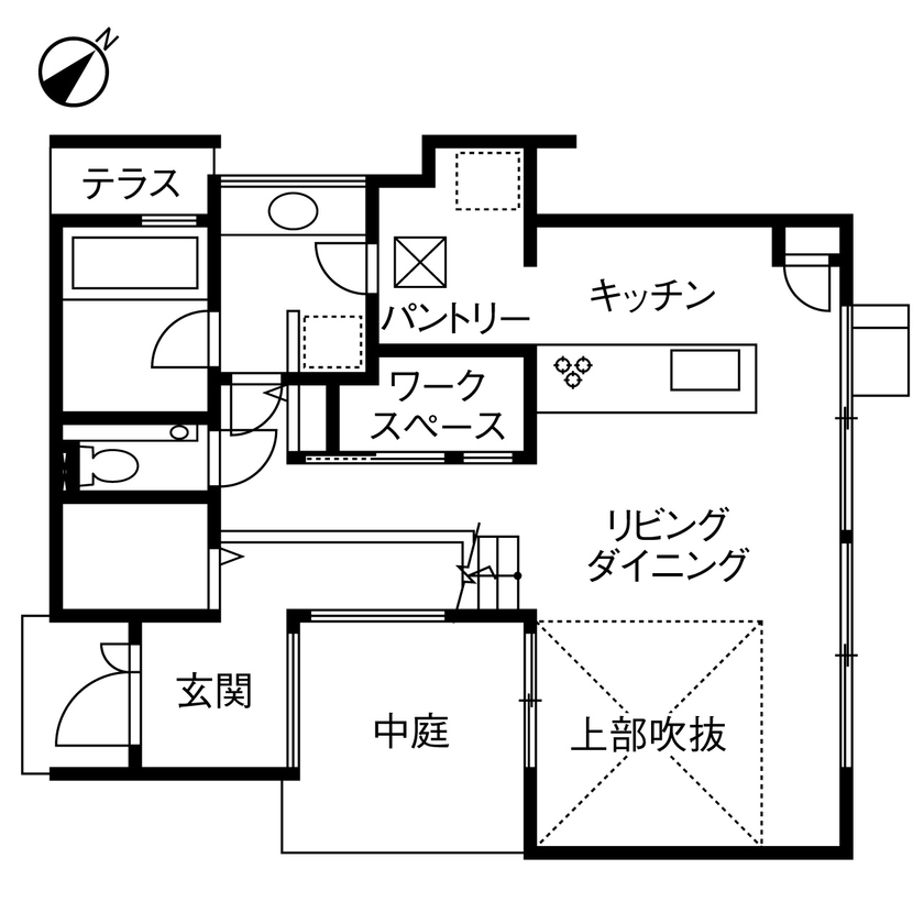 ヤマダホームズ 「石の箱」のように閉じた建物の中で、光と風を浴びながら開放的に暮らすの間取り図（3LDK）1階