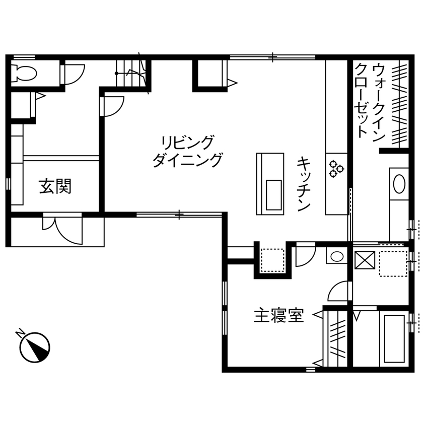 ヤマダホームズ 一目ぼれしたキッチンを中心に、外観、外構まで「シンプルモダン」を極めた住まいの間取り図（4LDK）1階