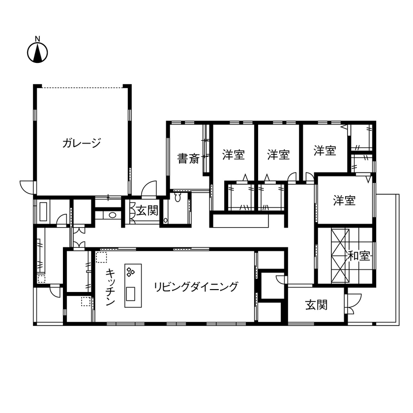ヤマダホームズ 整然とした大空間に緑の眺望が映える、高台の住まい　の間取り図（5K以上）1階