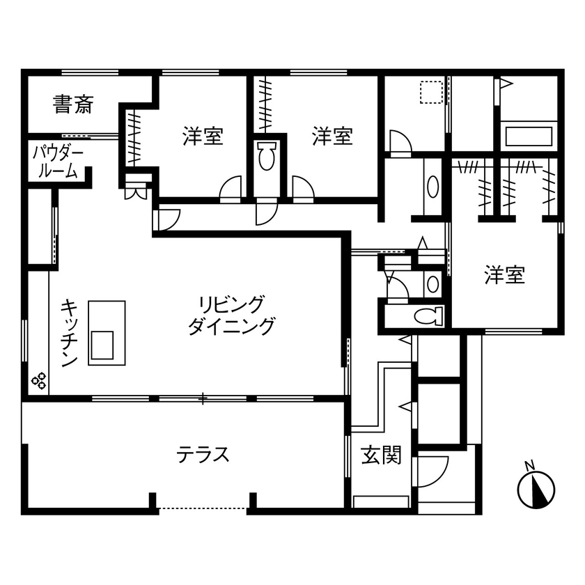 ヤマダホームズ 樹木を植えたデッキはリビングの延長空間。外からの視線を気にせず、自然の景色と光の移ろいを楽しむ平屋の間取り図（3LDK）1階