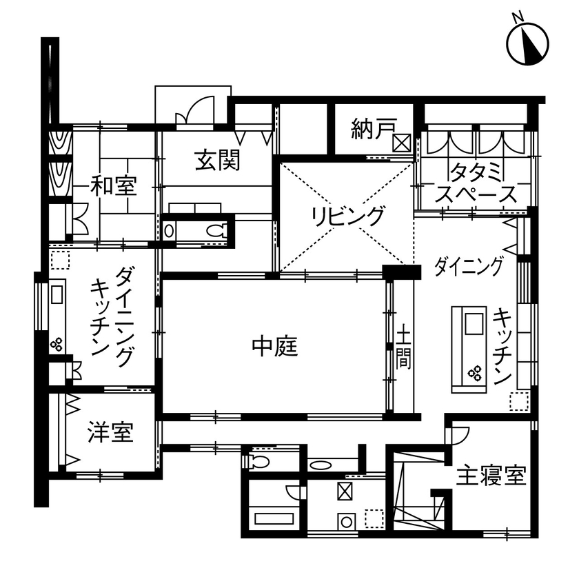 ヤマダホームズ 中庭を回遊しながら暮らす平屋の二世帯住宅の間取り図（3LDK）1階