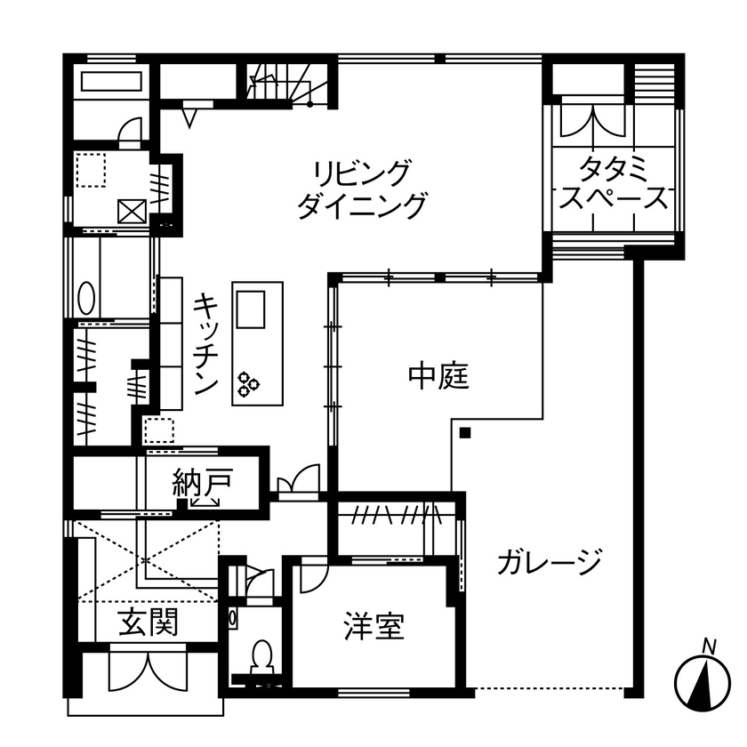 ヤマダホームズ カーテンレスでのびのびと暮らす中庭のある住まいの間取り図（3LDK）1階