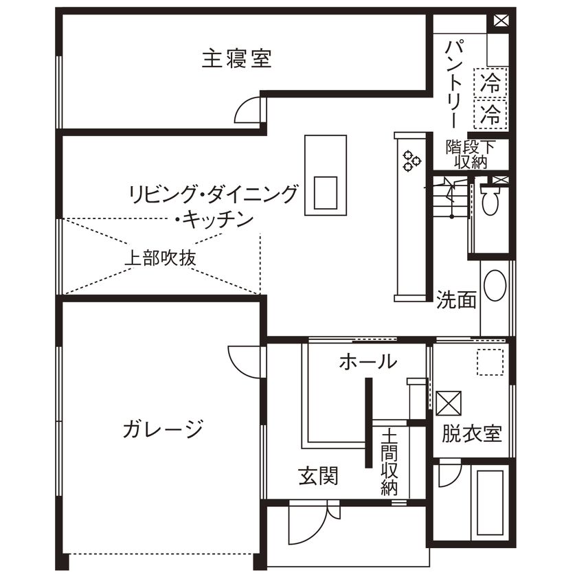 ヤマダホームズ どこをとっても絵になる、吹抜けのあるＬＤＫと二の字キッチン。オーバースライダーのガレージハウスの間取り図（5K以上）1階
