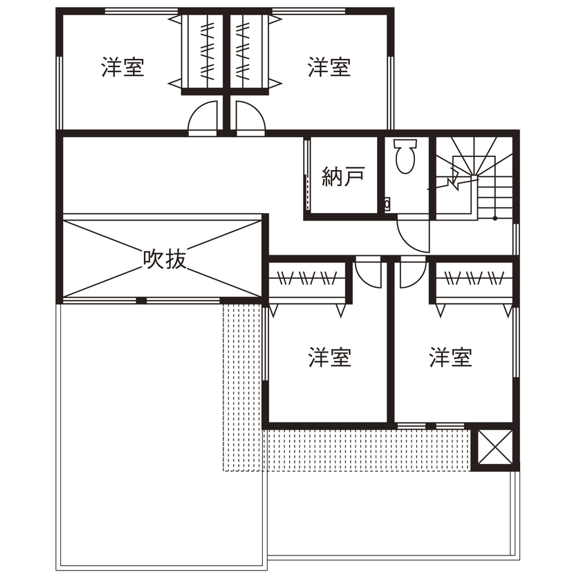 ヤマダホームズ どこをとっても絵になる、吹抜けのあるＬＤＫと二の字キッチン。オーバースライダーのガレージハウスの間取り図（5K以上）2階