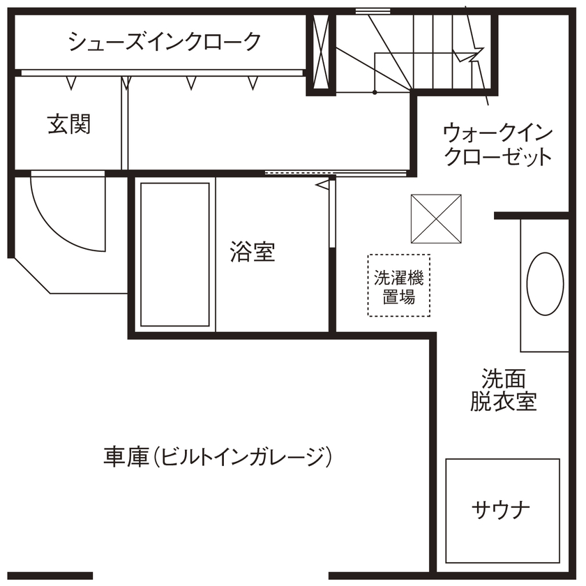 ヤマダホームズ 【都市型３階建て】サウナや二の字キッチン、太陽光発電など、夢と快適を追求した住まいの間取り図（3LDK）1階
