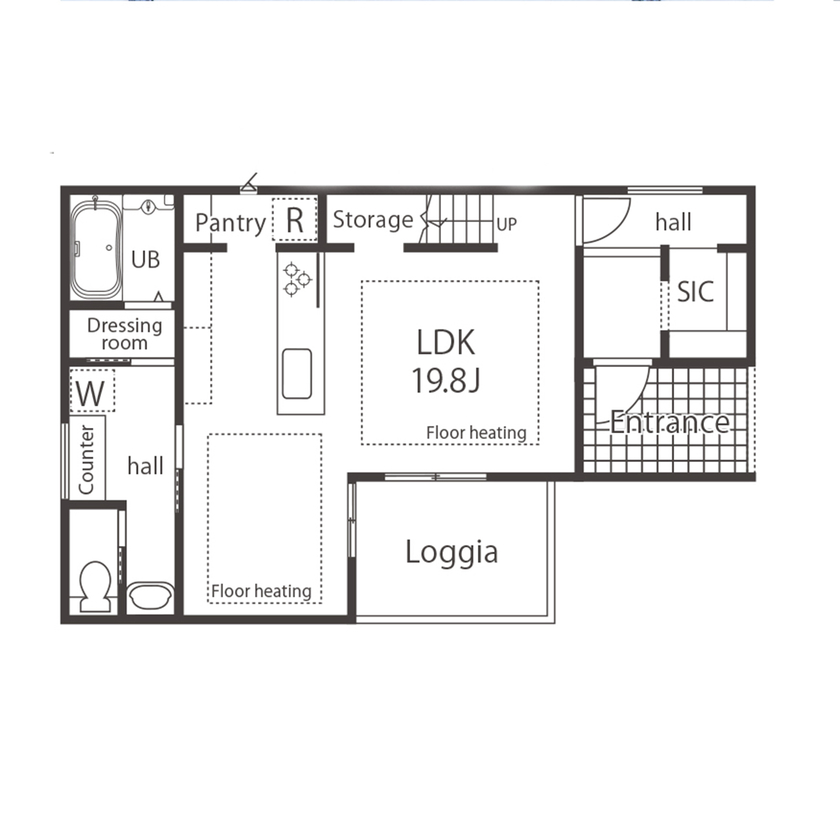 愛される「LDK」iiMA by VISIO 【キッチン/リビング/バルコニー/30坪台/間取り有】 ロジアが繋ぐ内と外。 光が降り注ぎ開放感溢れる家の間取り図（2LDK+WIC）1階