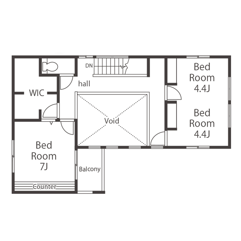 愛される「LDK」iiMA by VISIO 【キッチン/リビング/バルコニー/30坪台/間取り有】 ロジアが繋ぐ内と外。 光が降り注ぎ開放感溢れる家の間取り図（2LDK+WIC）2階