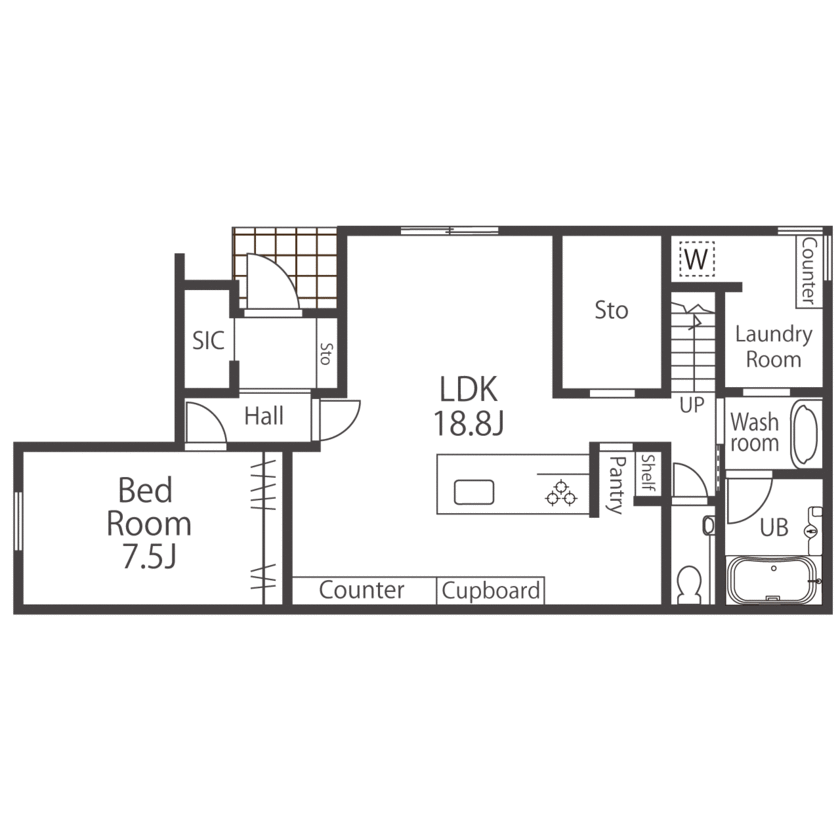 愛される「LDK」iiMA by VISIO 【吹抜/スキップフロア/高性能/間取図有】陽光が広がる明るいLDK！スキップフロアが家族の会話を自然に育むの間取り図（4LDK）1階