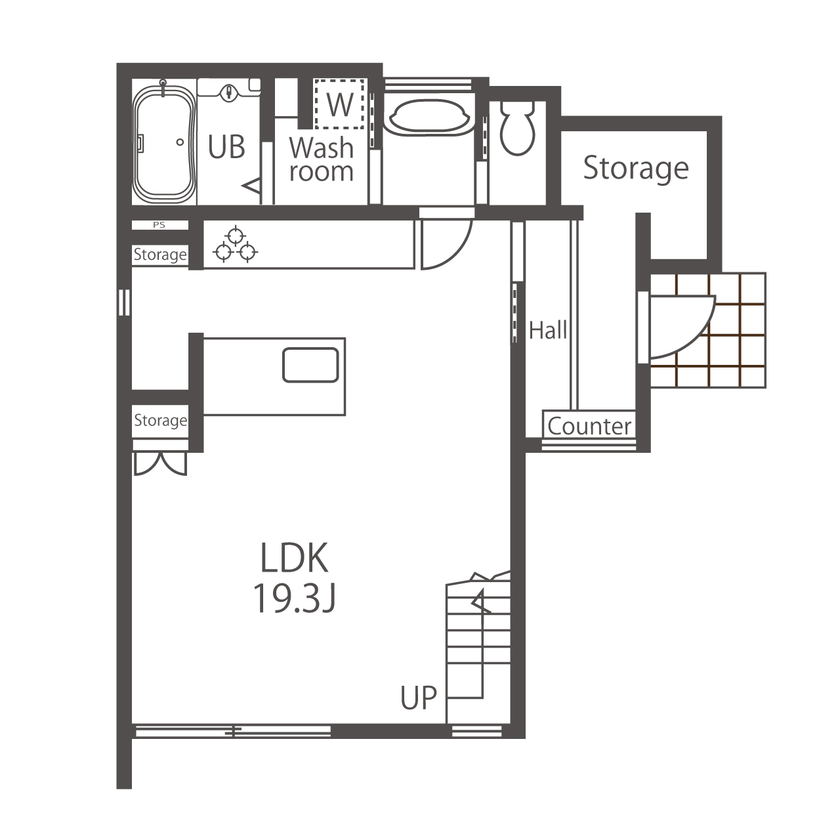 愛される「LDK」iiMA by VISIO 【狭小地／30坪台／間取図有】約29坪の敷地を有効活用。スケルトン階段と吹抜けによる開放感が心地よい家の間取り図（3LDK＋ワークスペース）1階
