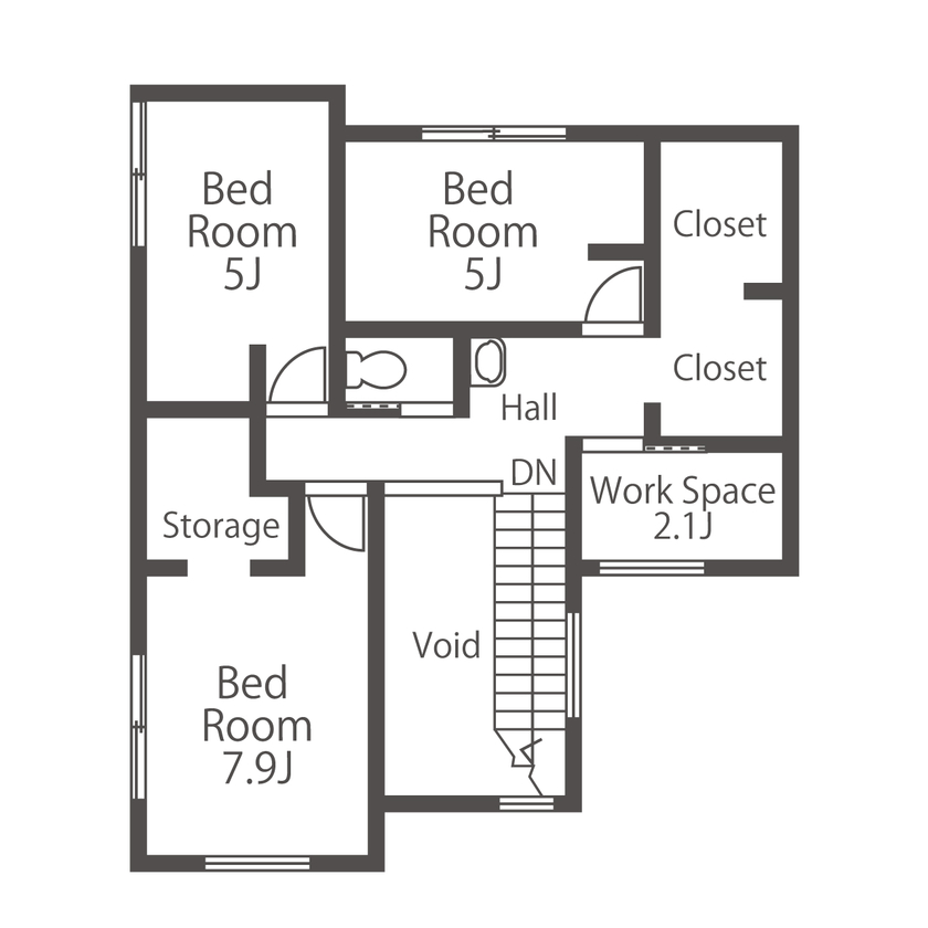 愛される「LDK」iiMA by VISIO 【狭小地／30坪台／間取図有】約29坪の敷地を有効活用。スケルトン階段と吹抜けによる開放感が心地よい家の間取り図（3LDK＋ワークスペース）2階