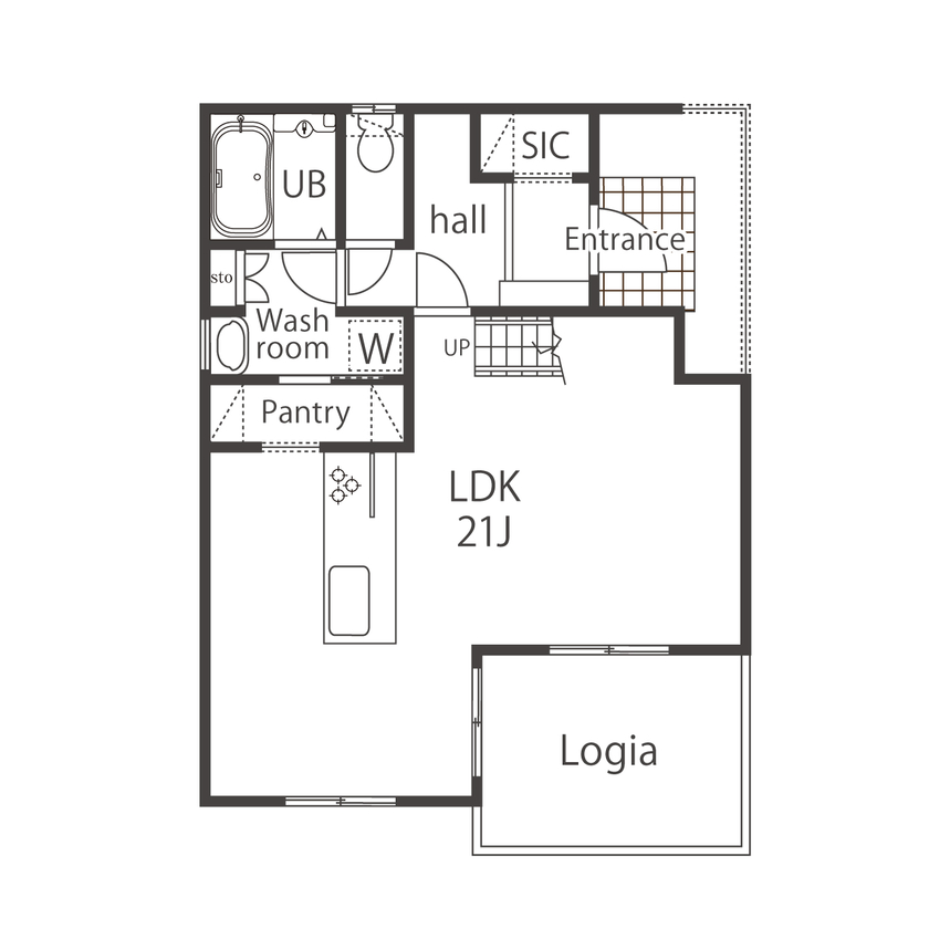 愛される「LDK」iiMA by VISIO 【キッチン／吹抜けリビング／20坪台／間取図有】家中に光をもたらす、ロジアと吹抜けのあるおしゃれな家の間取り図（3LDK＋ロジア＋WIC）1階