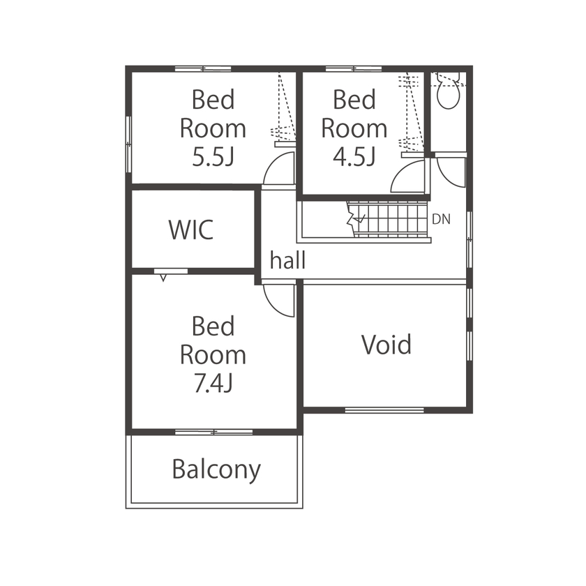 愛される「LDK」iiMA by VISIO 【キッチン／吹抜けリビング／20坪台／間取図有】家中に光をもたらす、ロジアと吹抜けのあるおしゃれな家の間取り図（3LDK＋ロジア＋WIC）2階