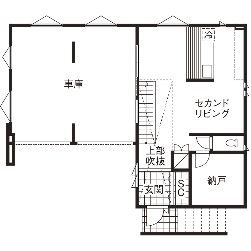 日栄商事 【ガレージハウス・間取図有】ダイナミックな吹抜け、車を眺めて暮らす大人の空間の間取り図（3LDK）1階