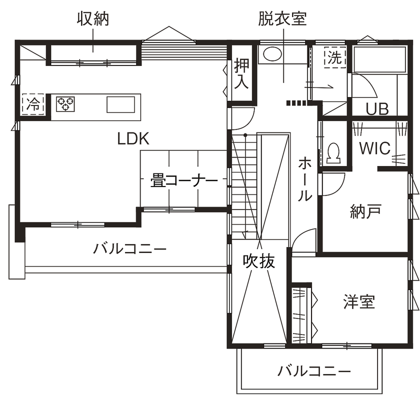 日栄商事 【ガレージハウス・間取図有】ダイナミックな吹抜け、車を眺めて暮らす大人の空間の間取り図（3LDK）2階