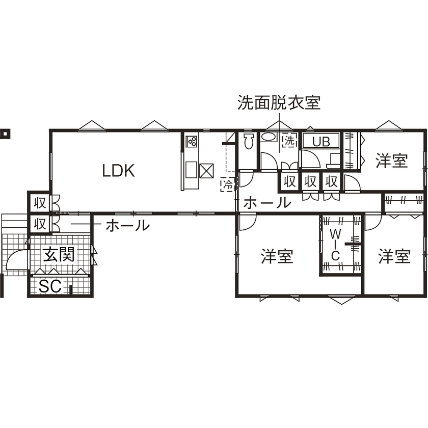 日栄商事 【1000万円台】中庭を囲むコの字型の建物でプライバシーも確保。のびのび暮らせる理想どおりの平屋の間取り図（3LDK）1階