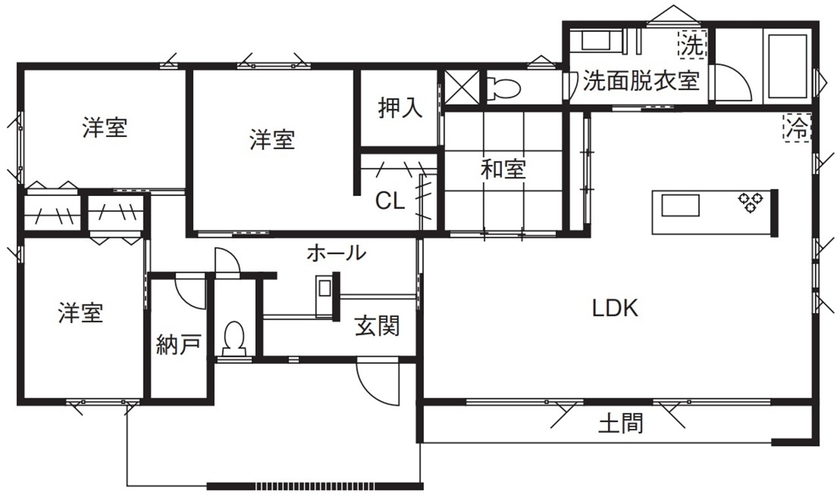 日栄商事 【2000万円台/平屋/間取り有】家族が集うリビング中心主義に家事ラクをプラスした平屋の間取り図（4LDK）1階