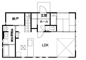 ヤマト住建 キッチンから家族みんなの様子が見える19畳超の広いLDKでも電気代は今のところO円！の間取り図（4LDK）１階