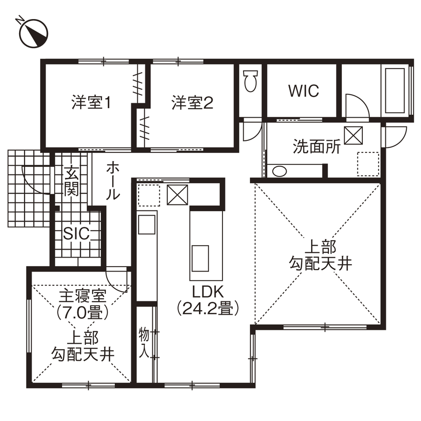 ヤマト住建 【平屋/広々LDK】勾配天井が広がりを生む、無垢材が美しい平屋の家の間取り図（3LDK）1階
